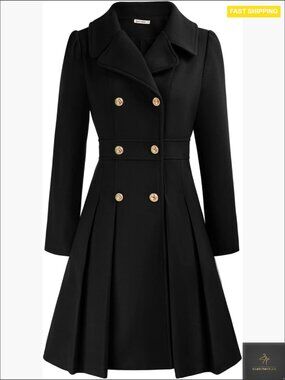 Classic Trench Coat Notch Lapel Double Breasted A-Line Pea Coat with Pockets